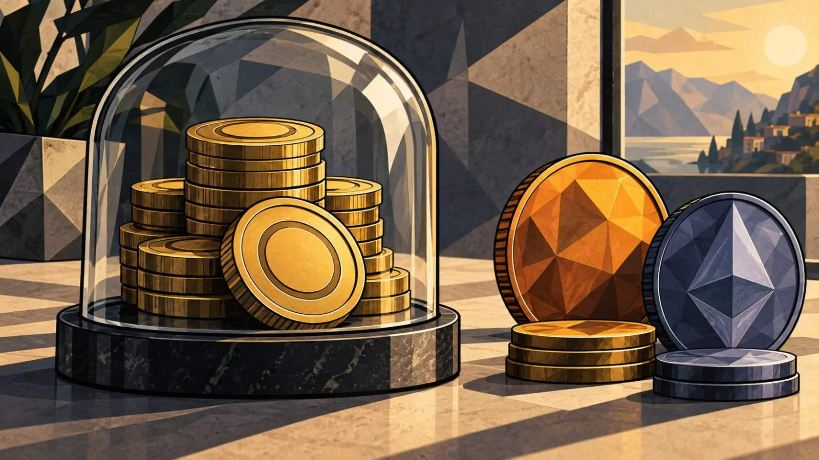 Yen-colored tokens secured beside cryptocurrency collateral under glass / TokenPost.ai