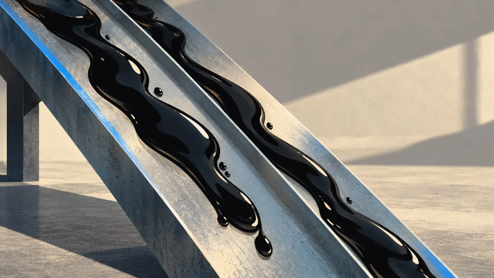 Two dark oil streams run down parallel steel channels / TokenPost.ai