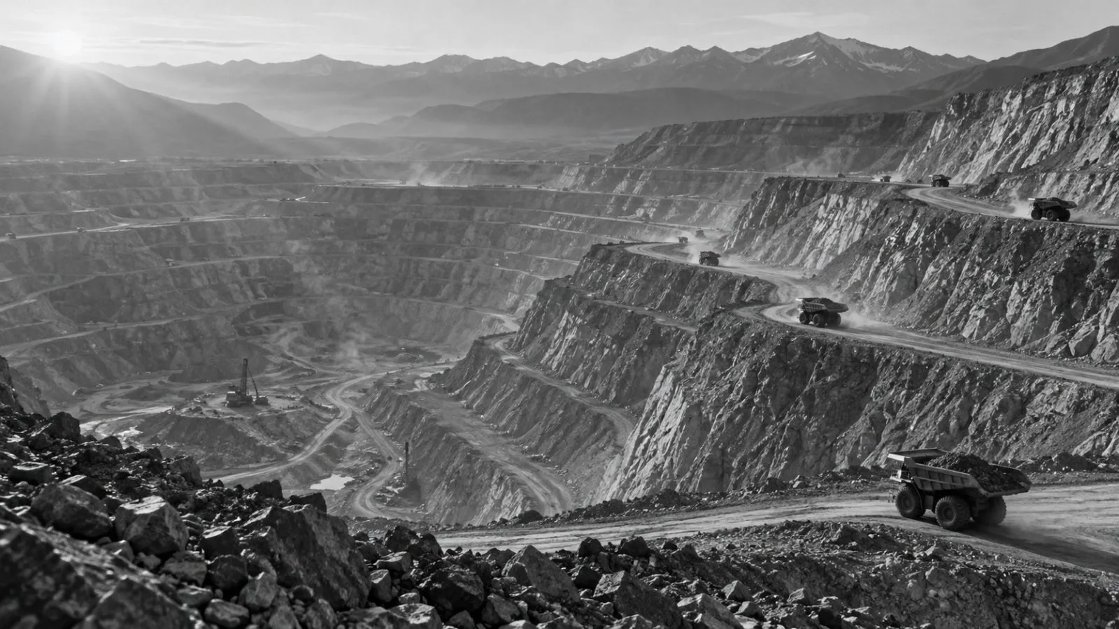 Haul trucks move through a sunlit terraced silver mine / TokenPost.ai