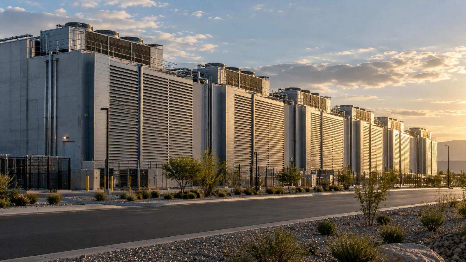 Cooling louvers cover a data center's angular exterior at dawn / TokenPost.ai (macro)