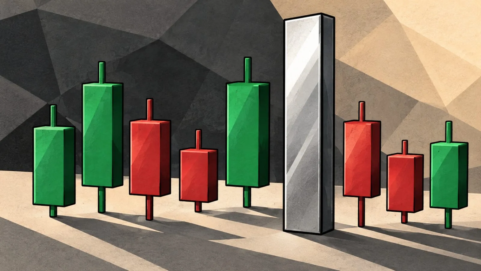 Green and red candlestick blocks beside a metallic threshold / TokenPost.ai