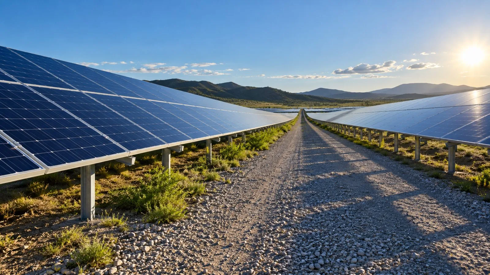 Solar panel rows converge beside a sunlit service lane / TokenPost.ai