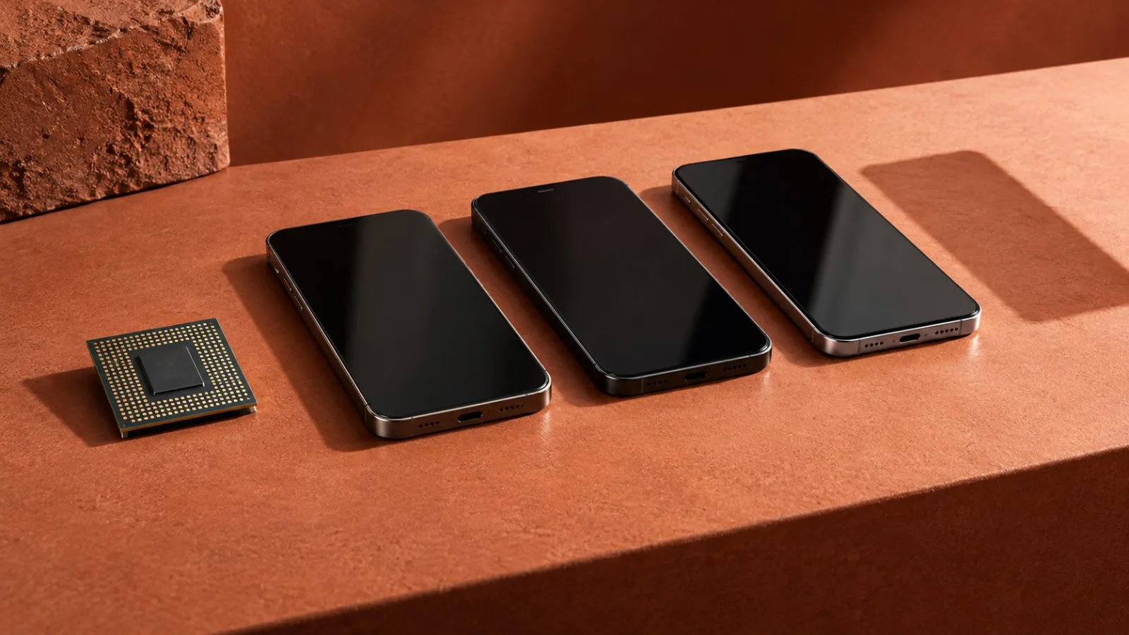 A silicon chip sits beside a row of unbranded smartphones / TokenPost.ai