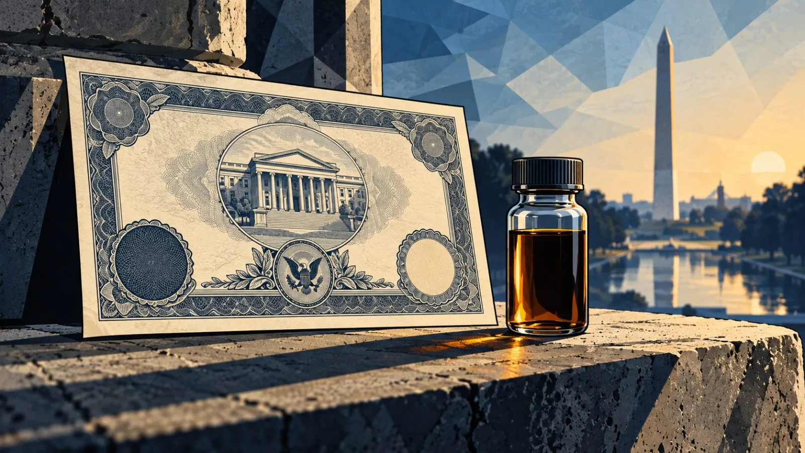 A Treasury certificate and crude oil sample sit on a stone ledge / TokenPost.ai