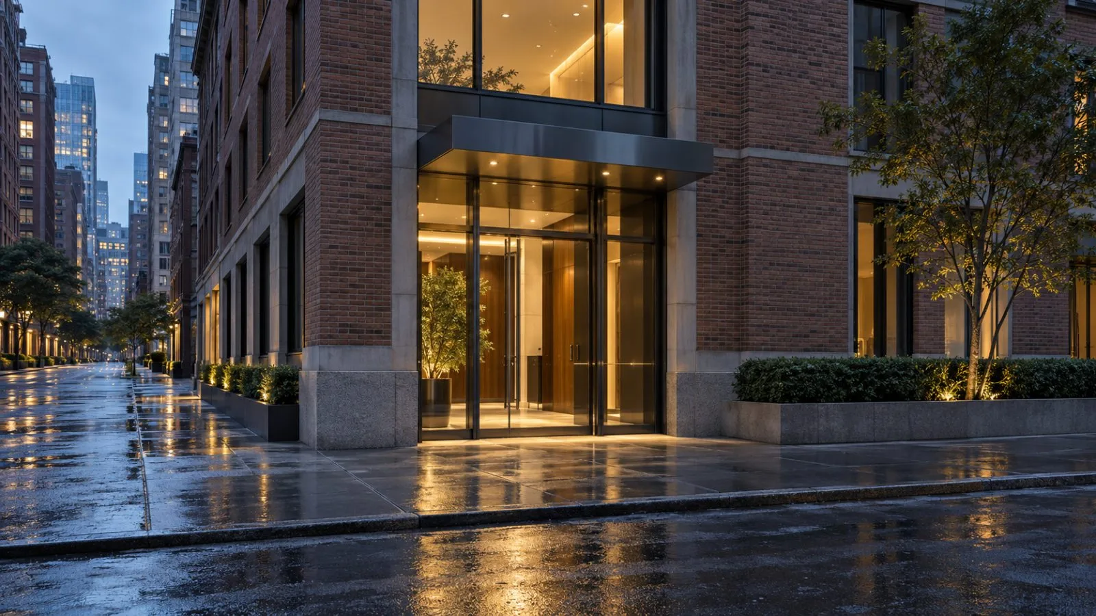 An unmarked Midtown entrance glows against a quiet Manhattan street / TokenPost.ai