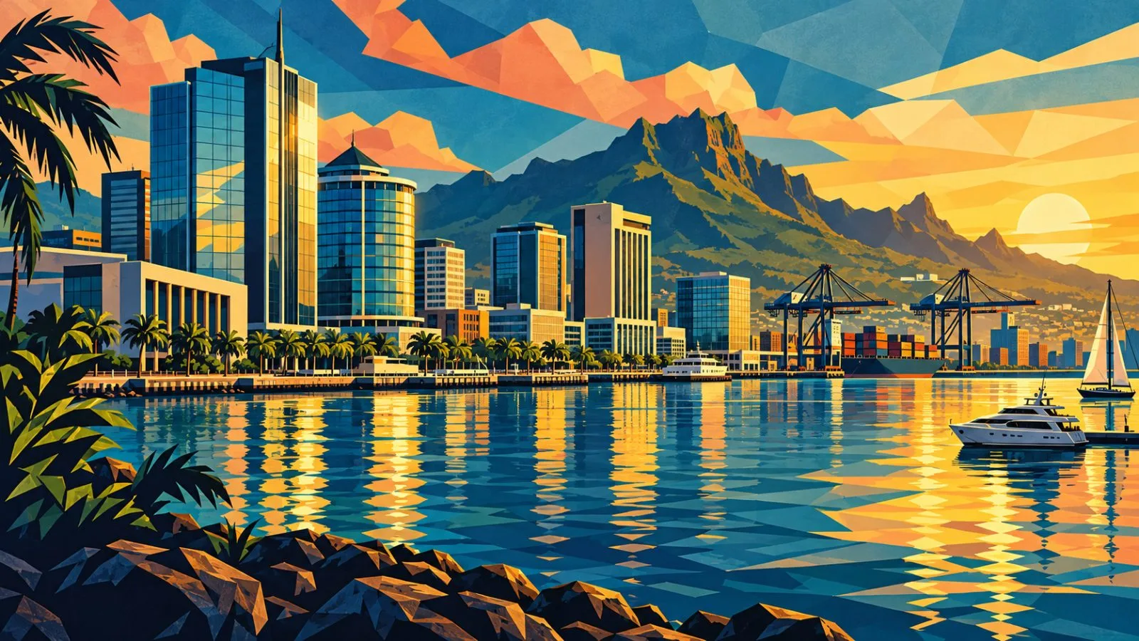Mauritian waterfront buildings beside a calm harbor at dusk / TokenPost.ai