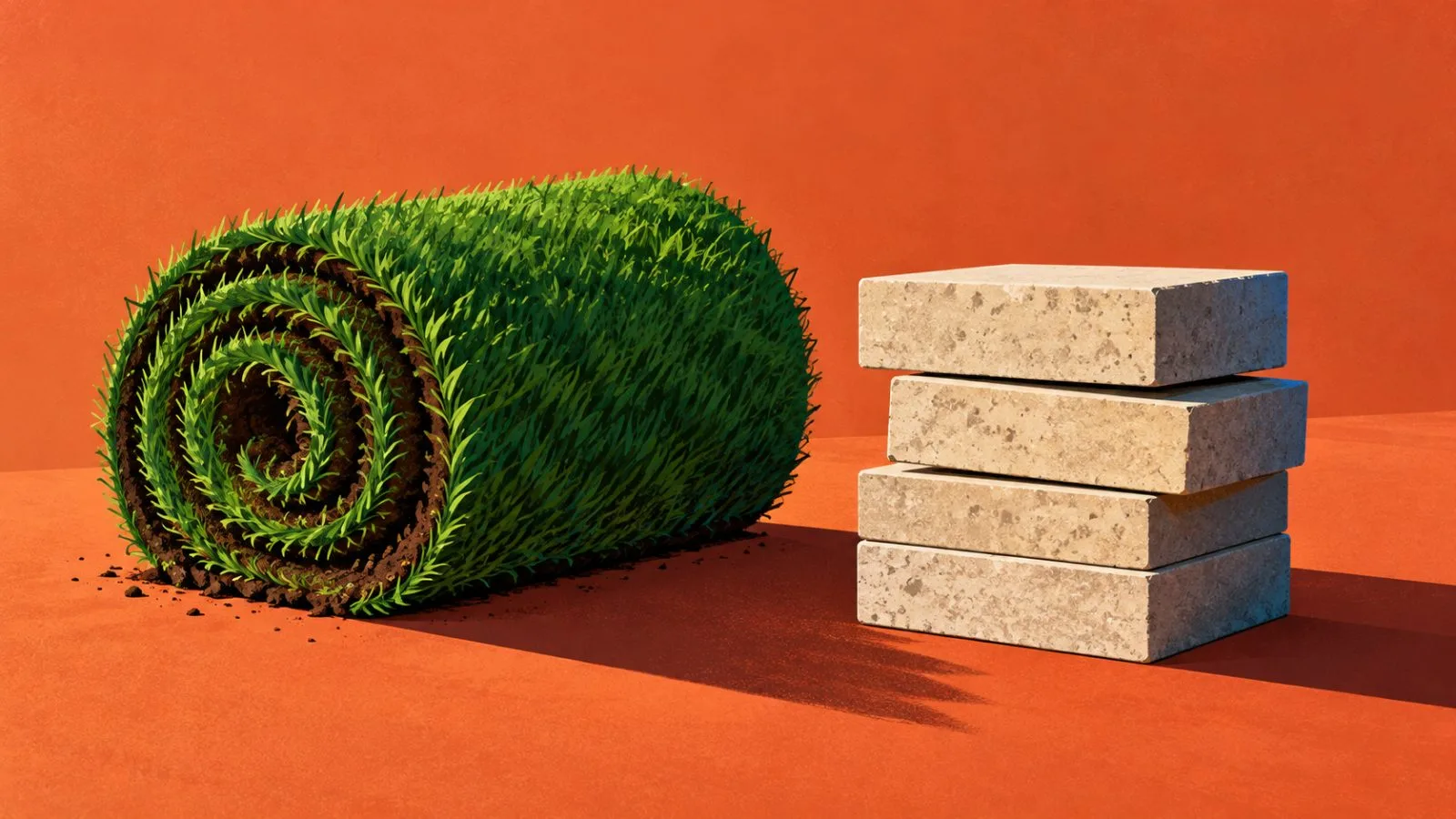 A roll of sod sits beside a slightly uneven stack of pavers / TokenPost.ai