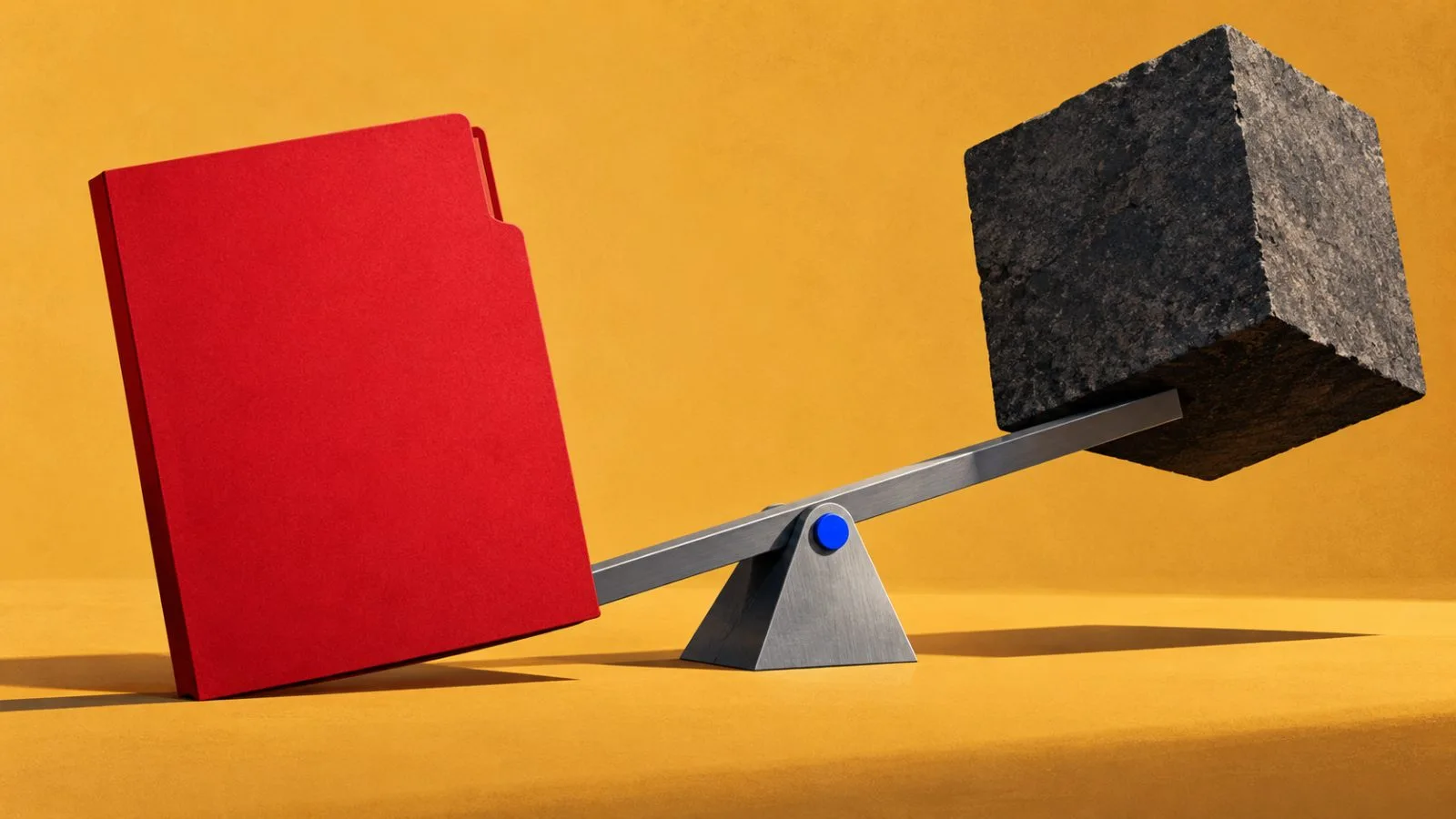 A crimson loan folder rests beside a steel lever and stone block / TokenPost.ai