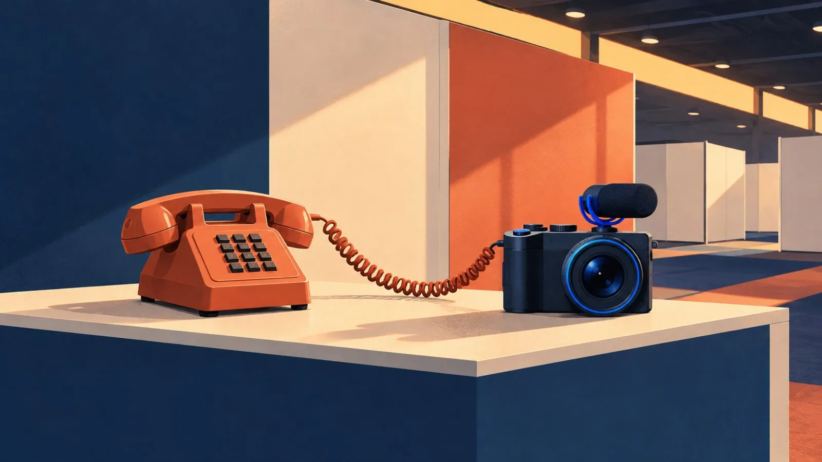 A corded phone and compact camera share an empty booth counter / TokenPost.ai