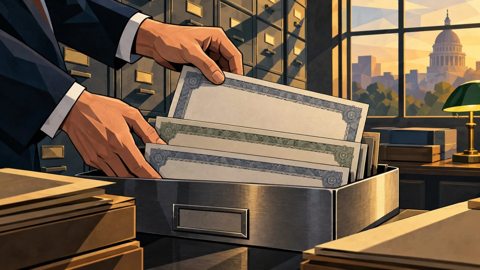 Hands place slim government bond folders into a metal tray / TokenPost.ai