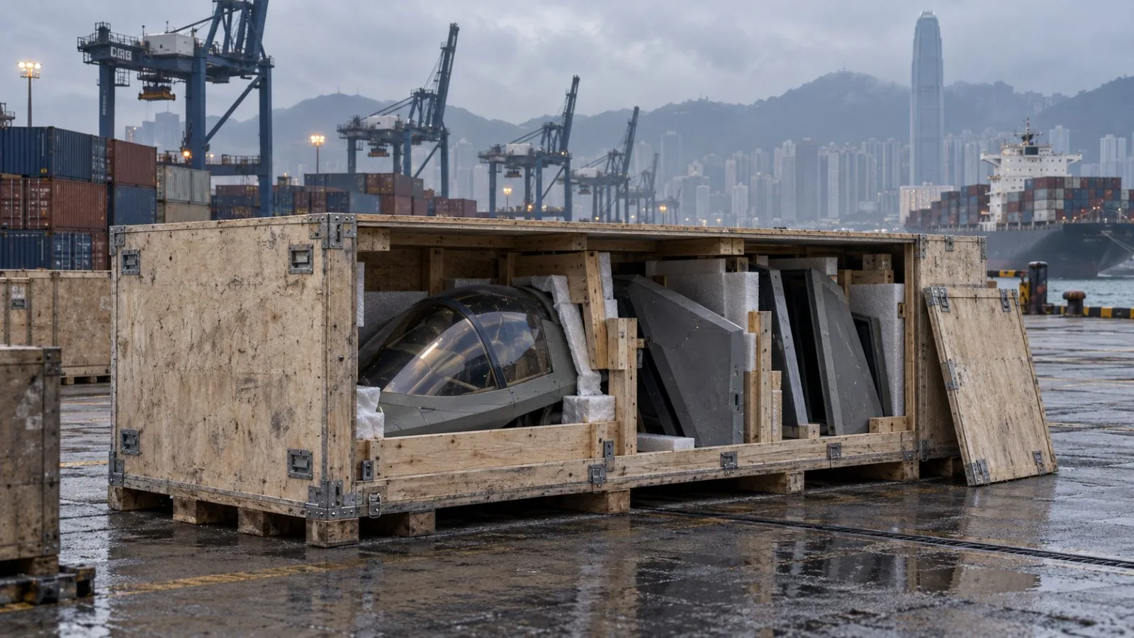 Sealed cargo crate beside stacked containers at a freight terminal / TokenPost.ai