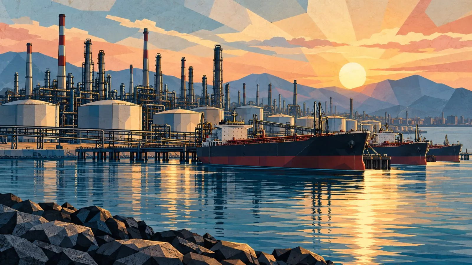 Oil tankers sit beside a coastal refinery at dawn / TokenPost.ai