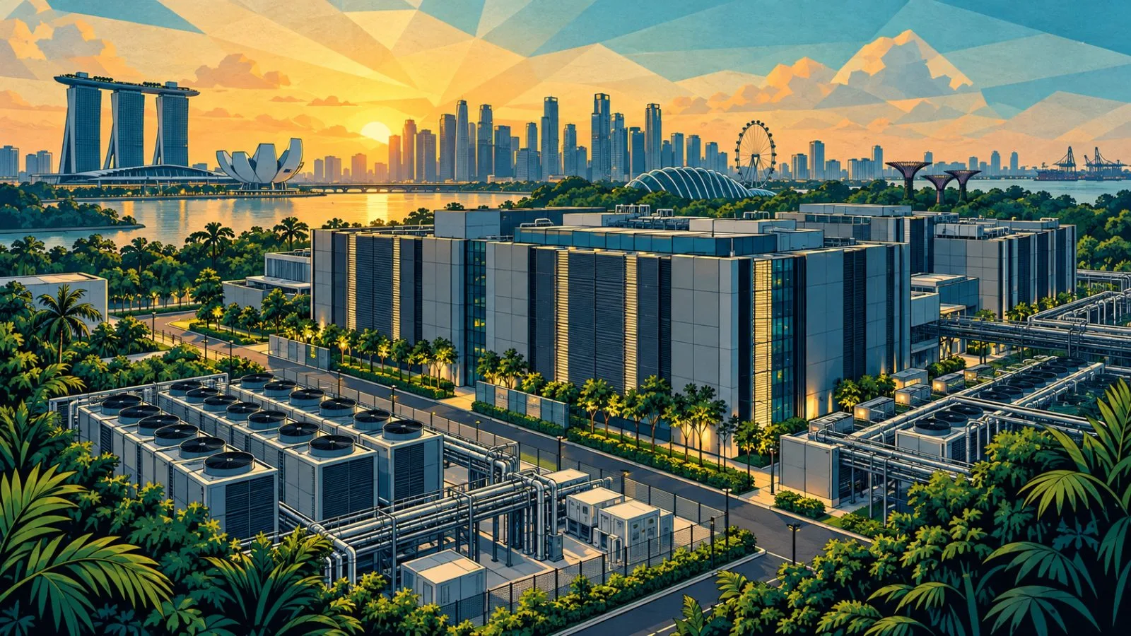 Singapore data-center buildings glow in early morning light / TokenPost.ai