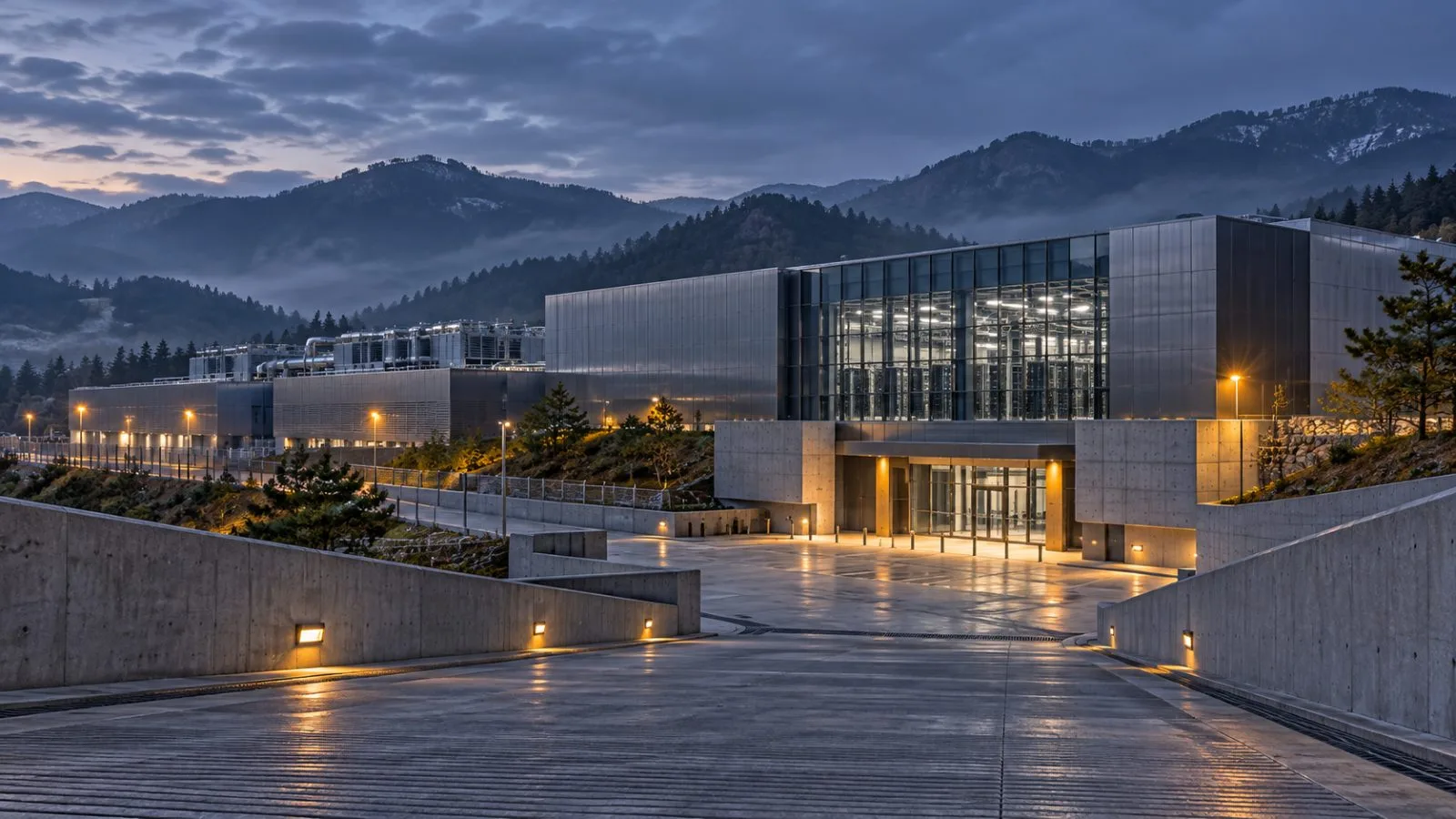A steep concrete ramp descends beside a data center / TokenPost.ai