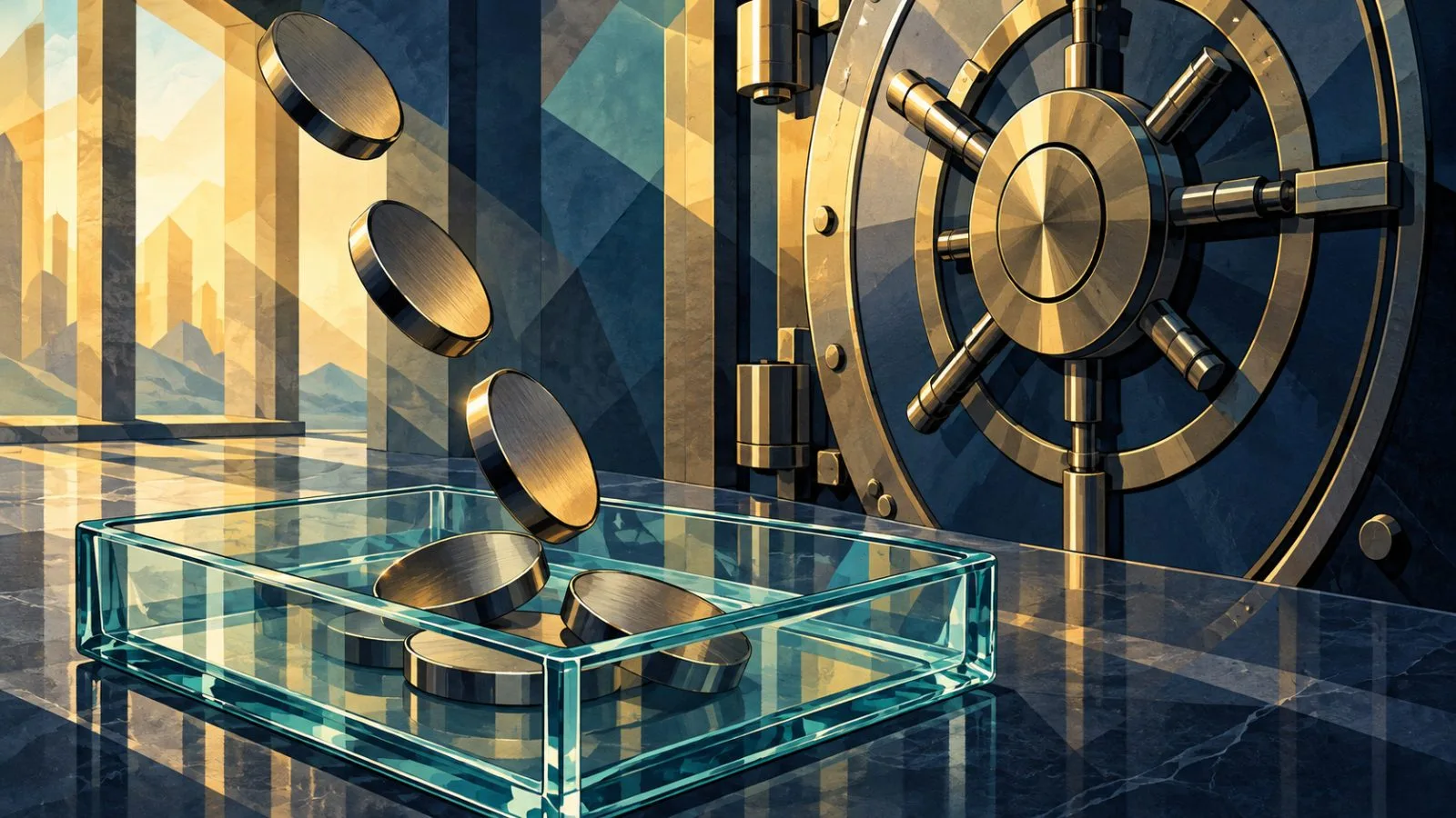 Unmarked metal tokens arranged beside a clear glass tray / TokenPost.ai
