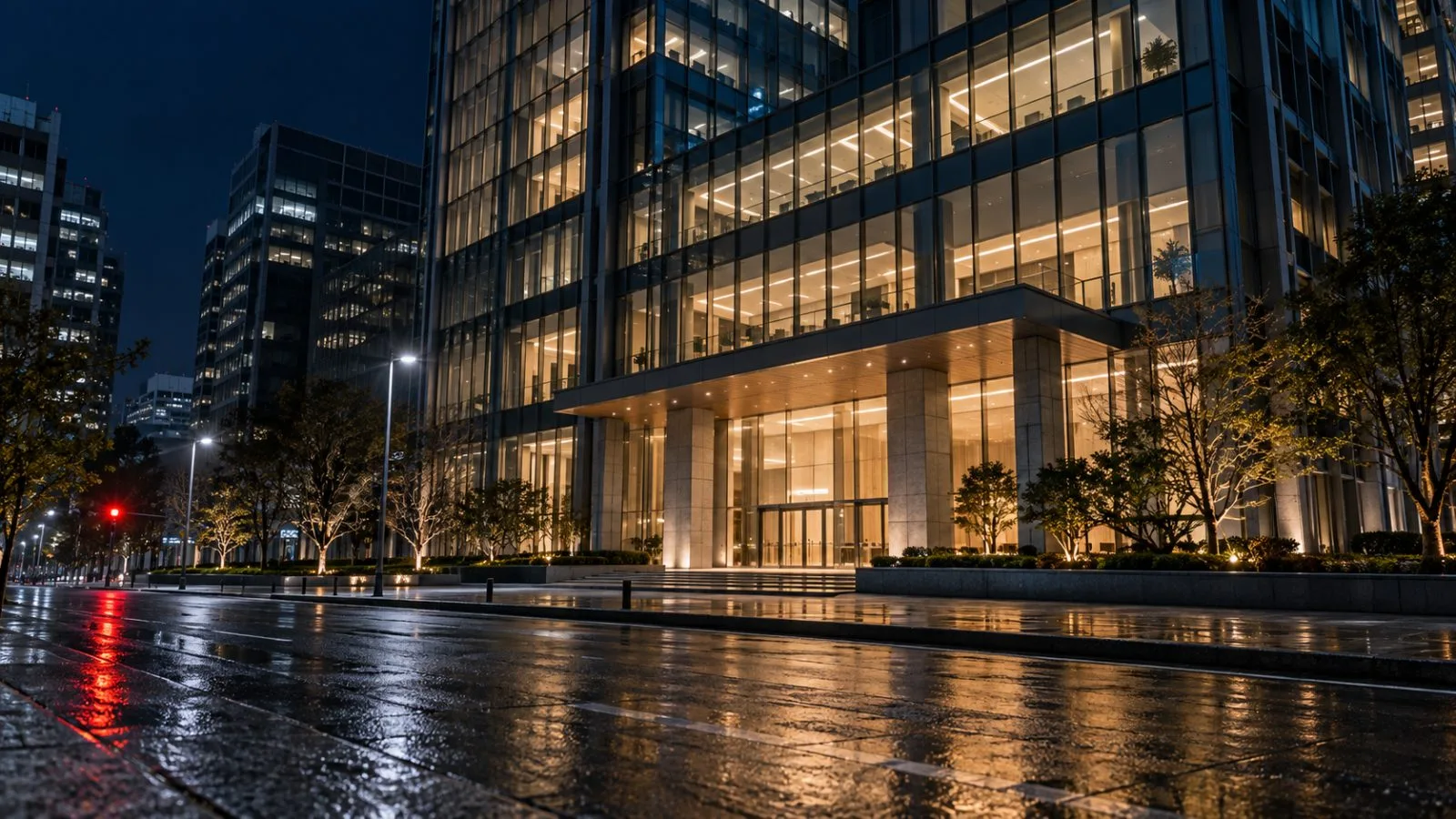A glass-fronted office entrance glows under streetlights after dark / TokenPost.ai