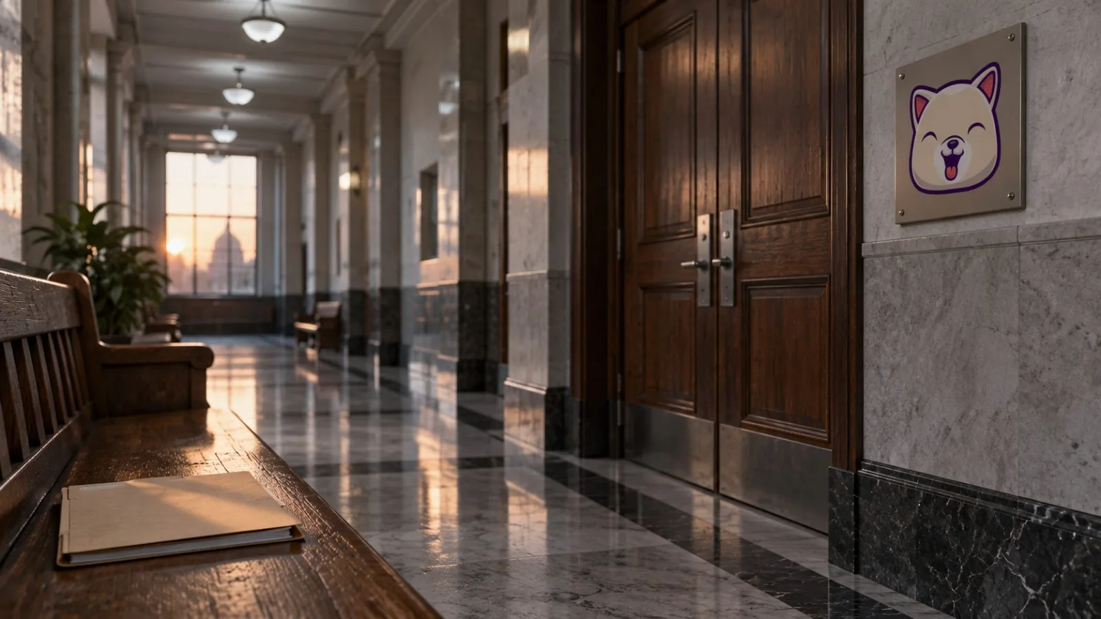 Closed courtroom door beside a document folder on a wooden bench / TokenPost.ai