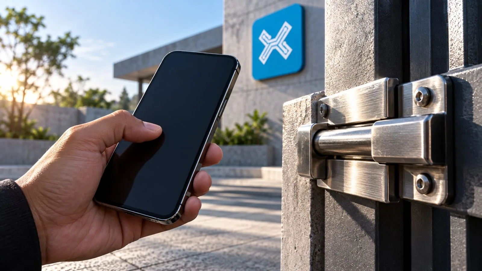 A hand pauses above a dark phone beside a closed steel latch / TokenPost.ai