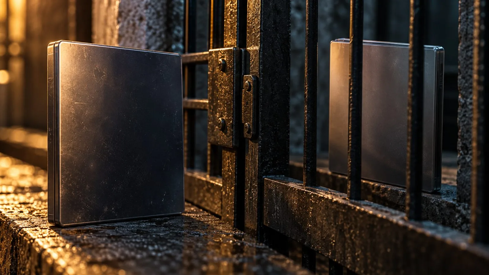 One sealed release case sits beyond a narrow locked gate / TokenPost.ai