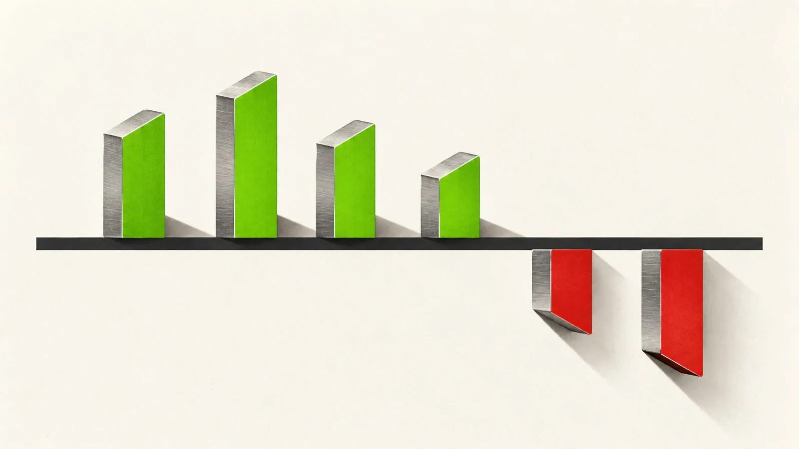 Six metal market markers, four green and two red / TokenPost.ai