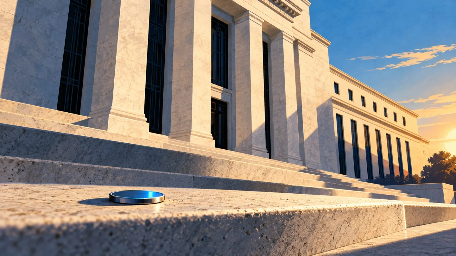 A plain metal token rests on the Federal Reserve’s stone steps / TokenPost.ai