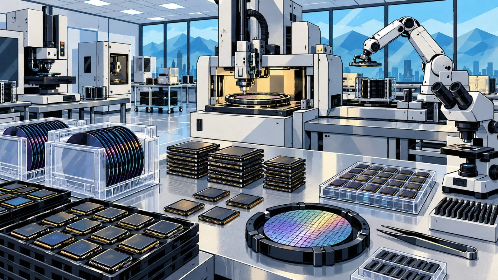 Stacked memory packages arranged inside a brightly lit research laboratory / TokenPost.ai