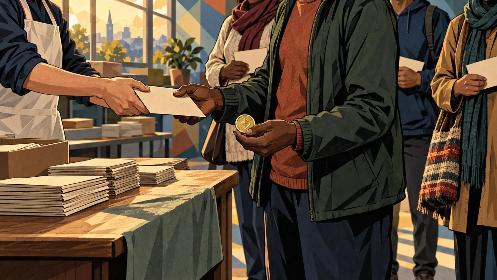 An adult holds a small cryptocurrency coin beside a payment envelope / TokenPost.ai