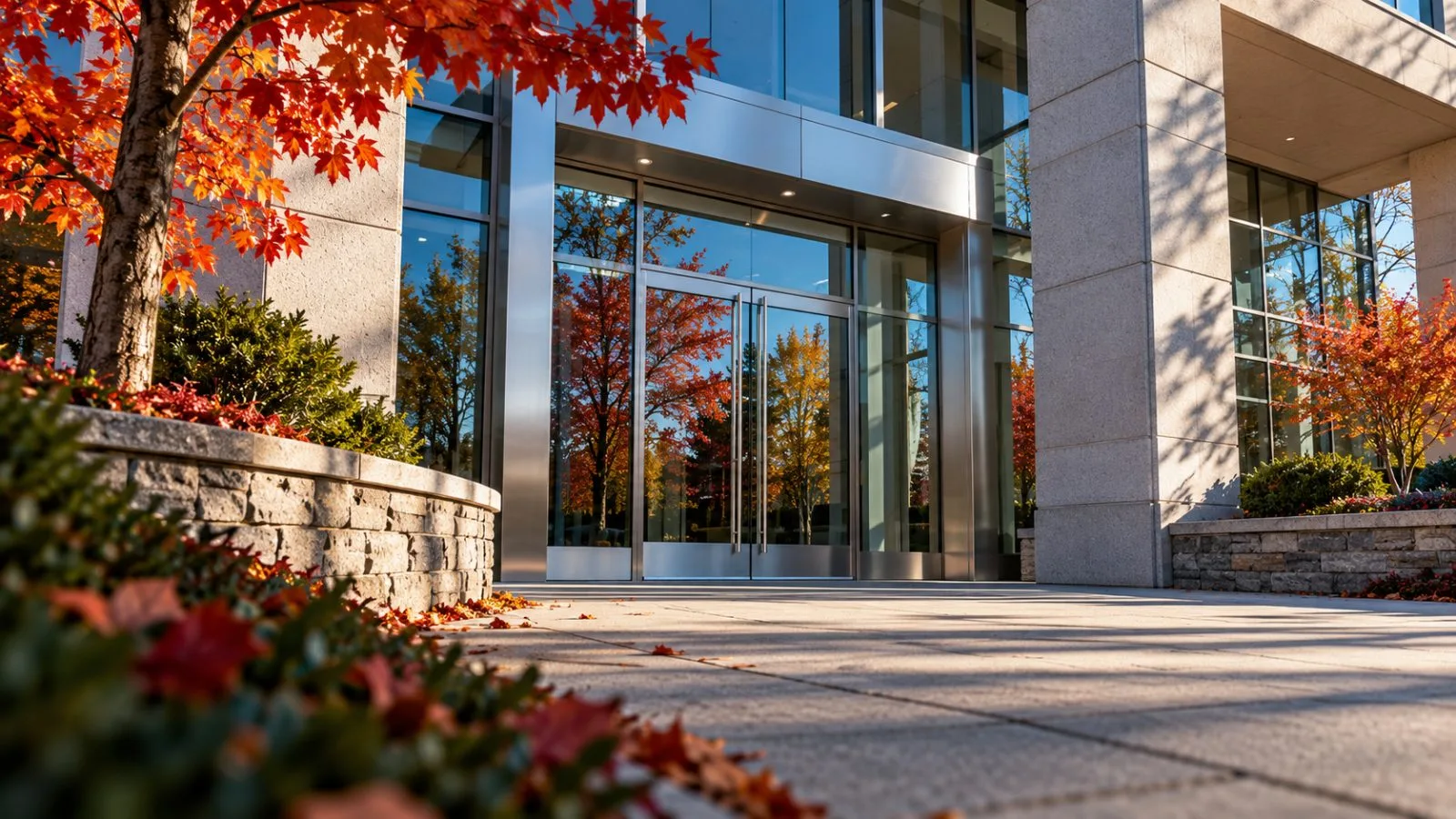 Glass bank doors reflect autumn branches in early morning light / TokenPost.ai