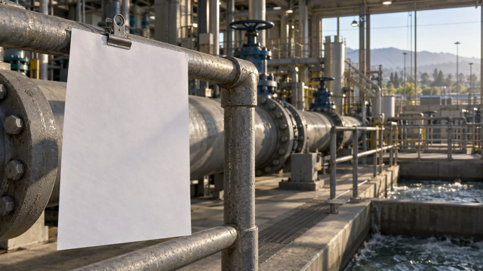 Steel water mains run through a quiet treatment facility at dawn / TokenPost.ai