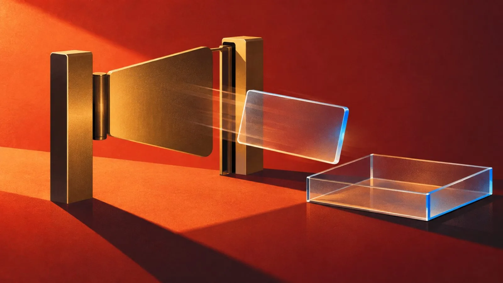 A glass tile passes through an open brass gate / TokenPost.ai