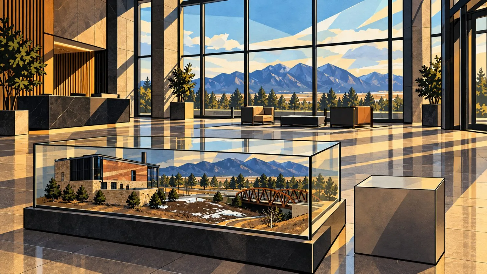 Miniature commercial property model displayed in an institutional lobby / TokenPost.ai