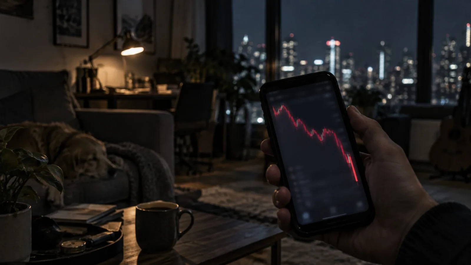Hand holding a phone beside a sharply declining trading chart / TokenPost.ai