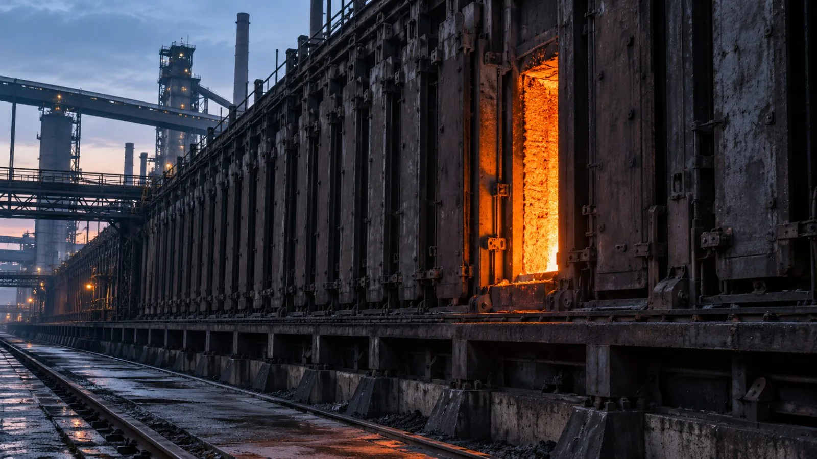 Coke ovens glow beneath a dark industrial canopy / TokenPost.ai