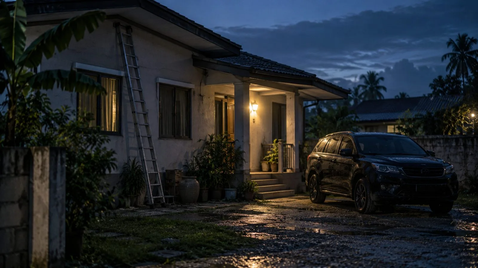 Ladder beside a quiet residence under predawn porch light / TokenPost.ai
