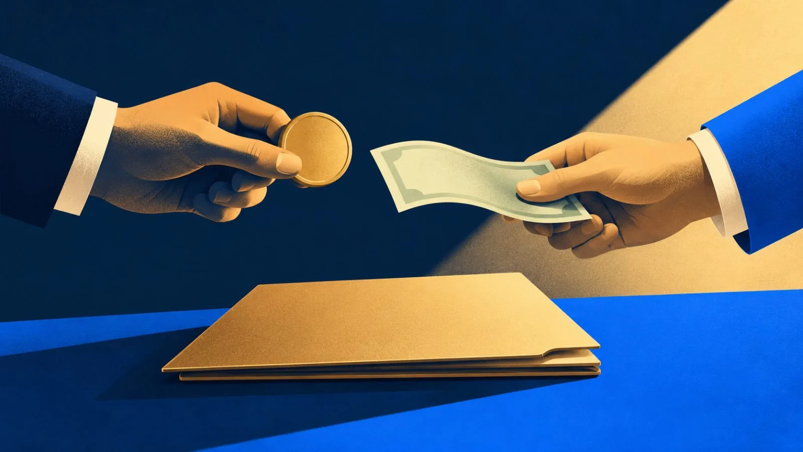 Anonymous hands exchange a plain metal coin for a single cash bill / TokenPost.ai
