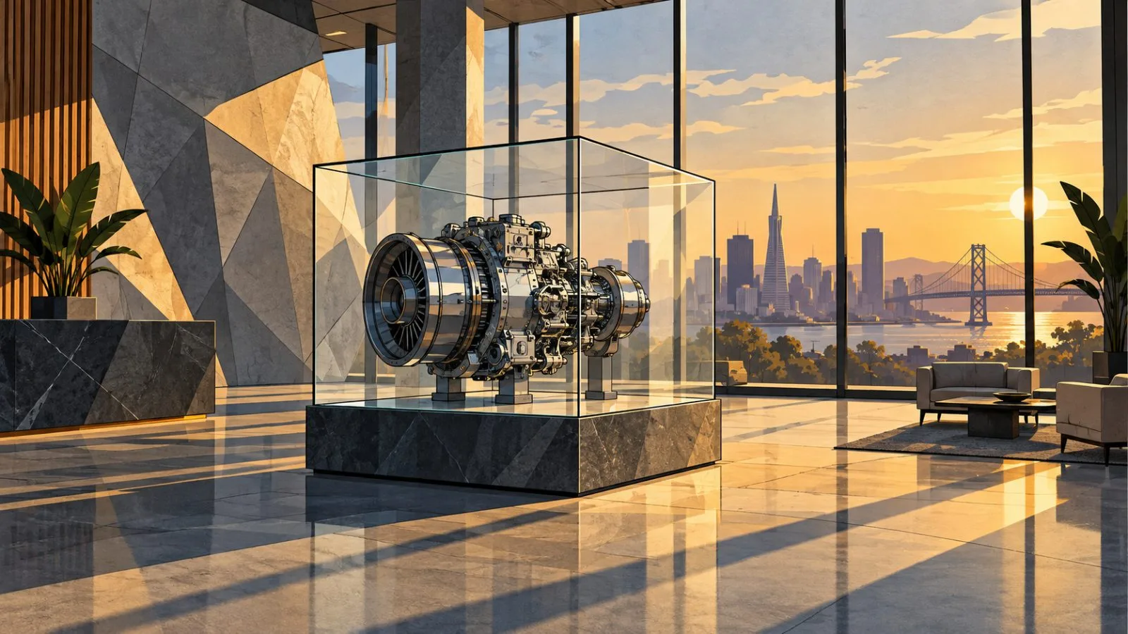 Glass cube enclosing a precision mechanical engine component / TokenPost.ai