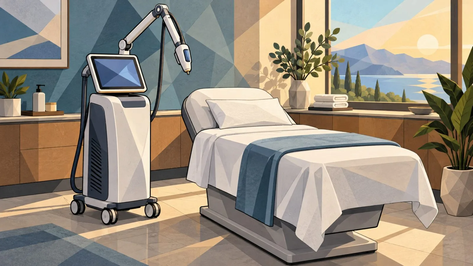 A sleek aesthetic treatment device beside a clinic bed / TokenPost.ai