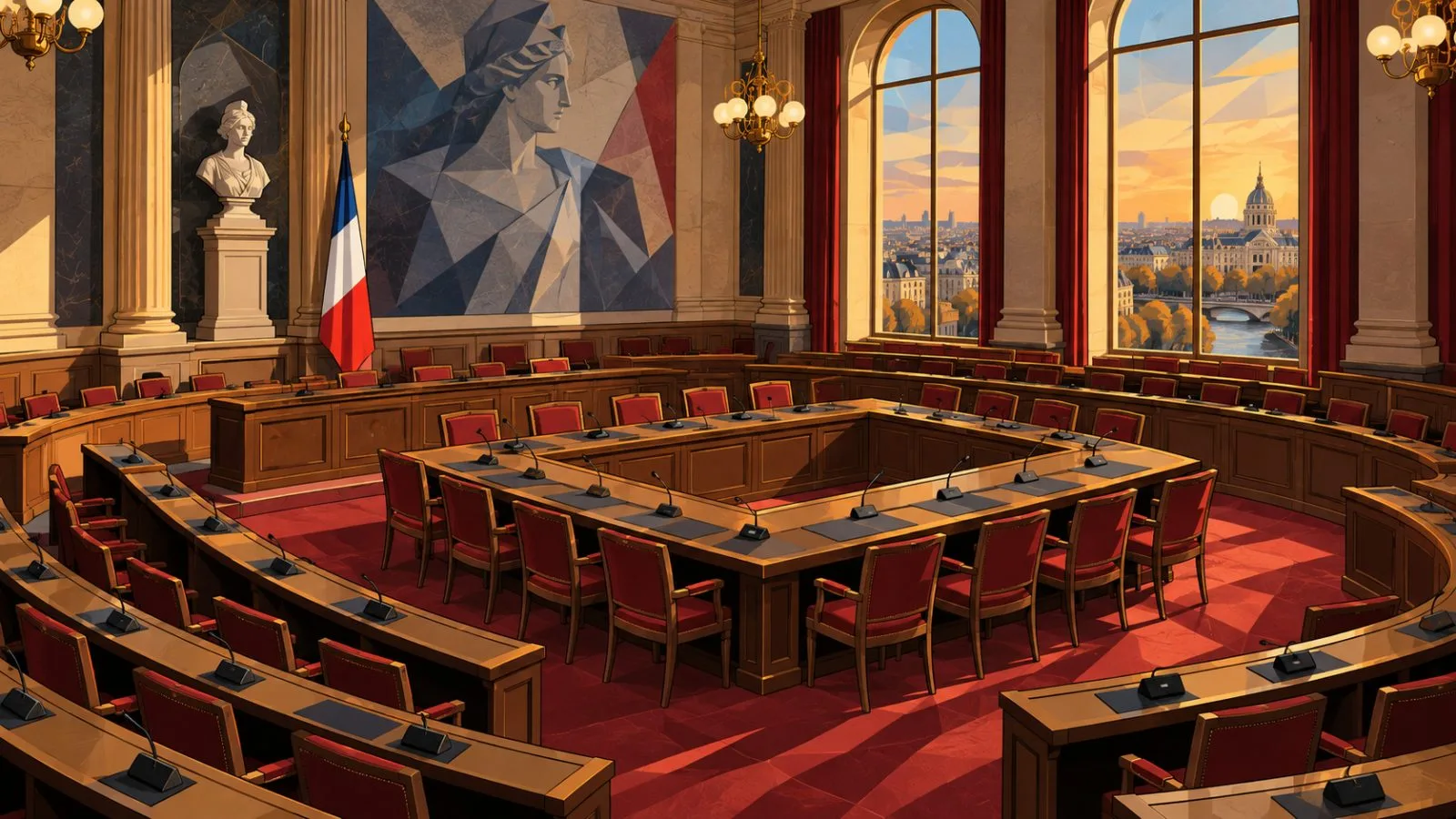 Empty committee chamber with rows of seats under warm ceiling lights / TokenPost.ai