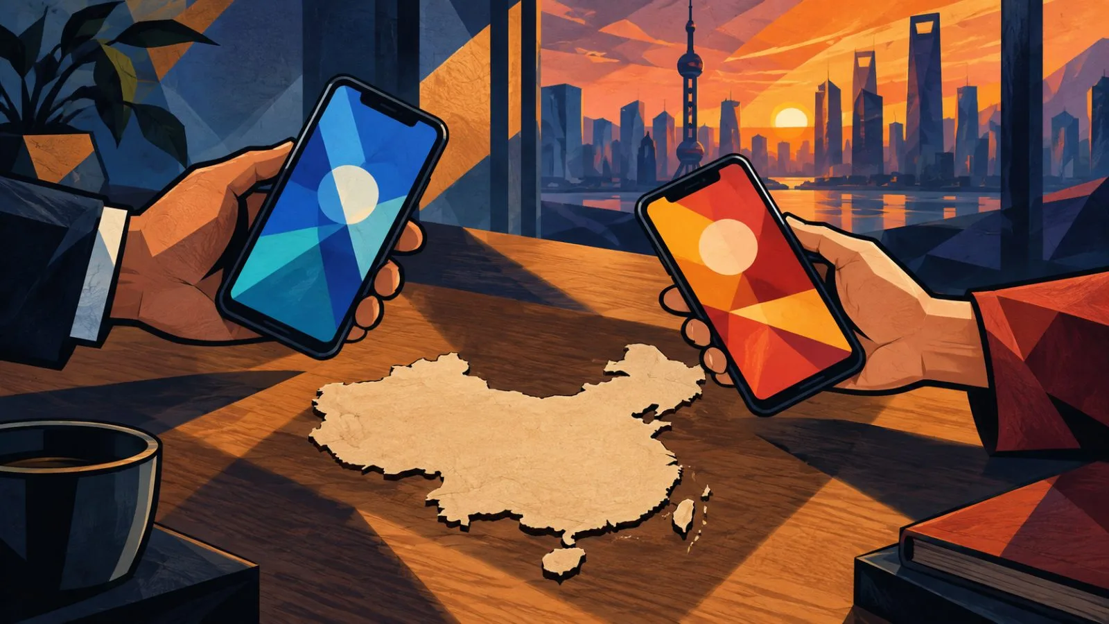 Two smartphones rest beside a paper map of China / TokenPost.ai
