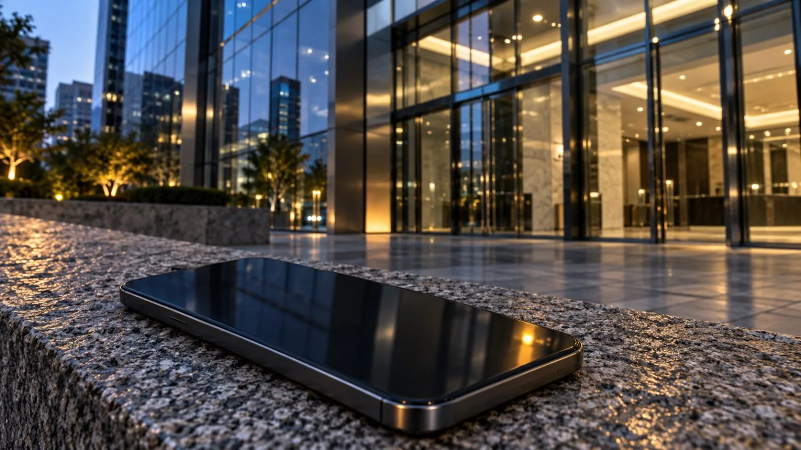 A smartphone rests on a stone ledge outside a glass office entrance / TokenPost.ai
