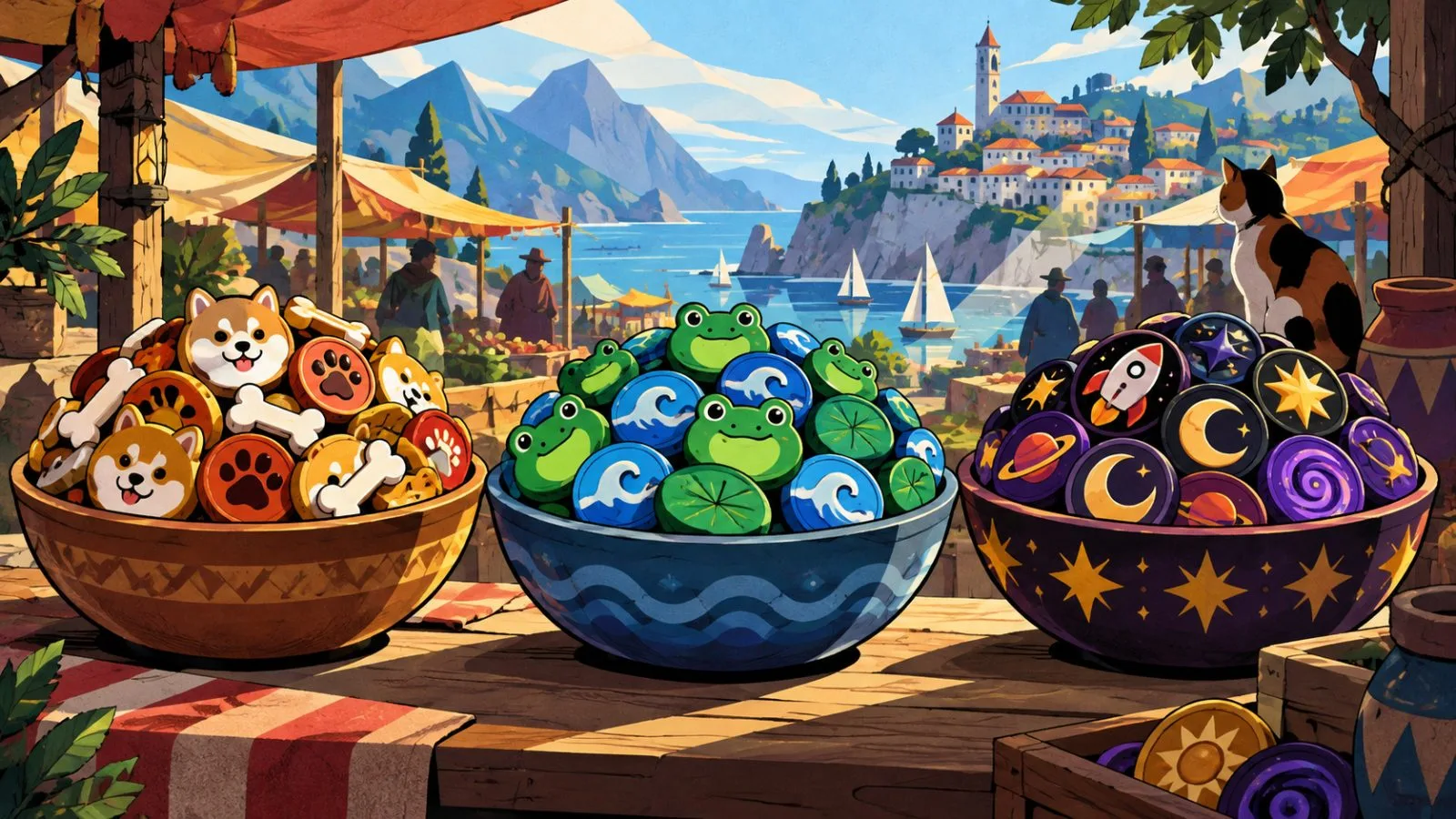Colorful novelty tokens arranged in three bowls on a market counter / TokenPost.ai