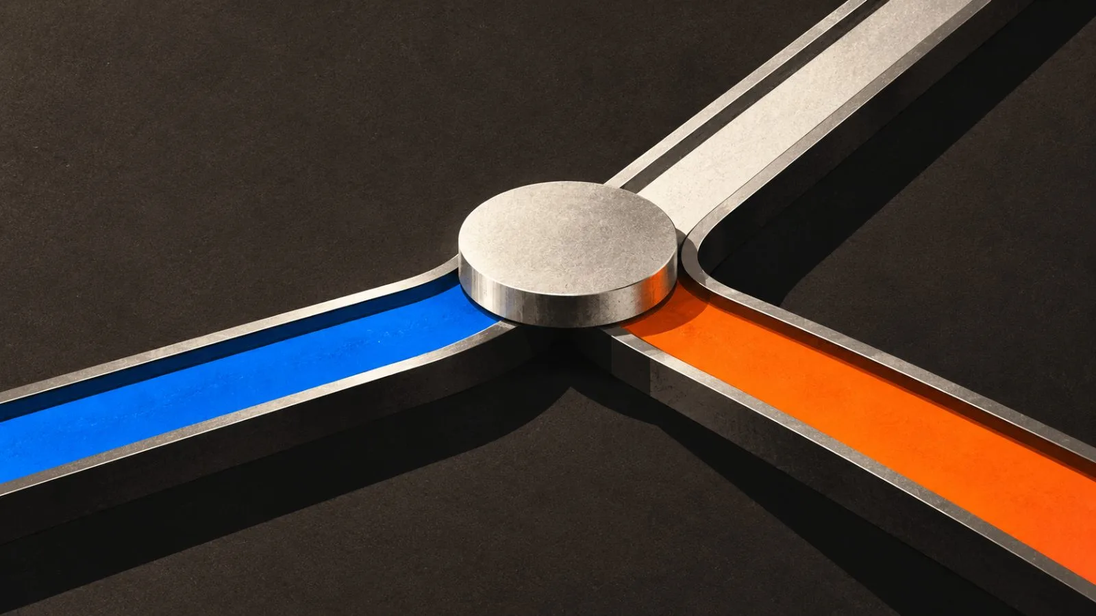 A metal token rests beside three diverging exchange rails / TokenPost.ai