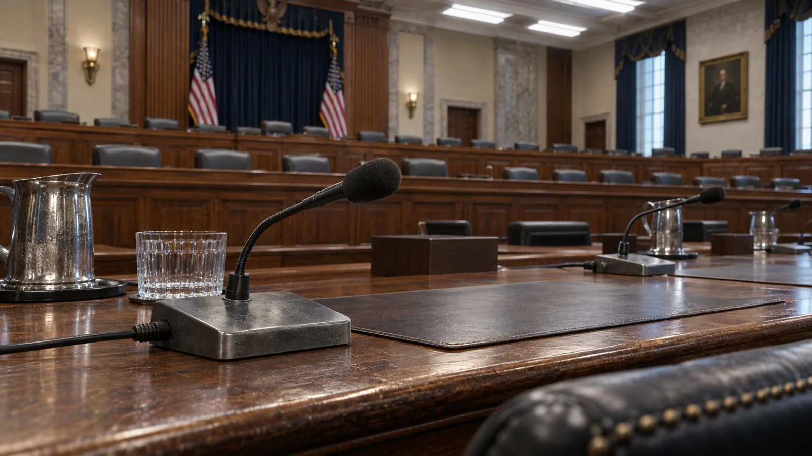 Microphones on a witness table face empty committee seats / TokenPost.ai