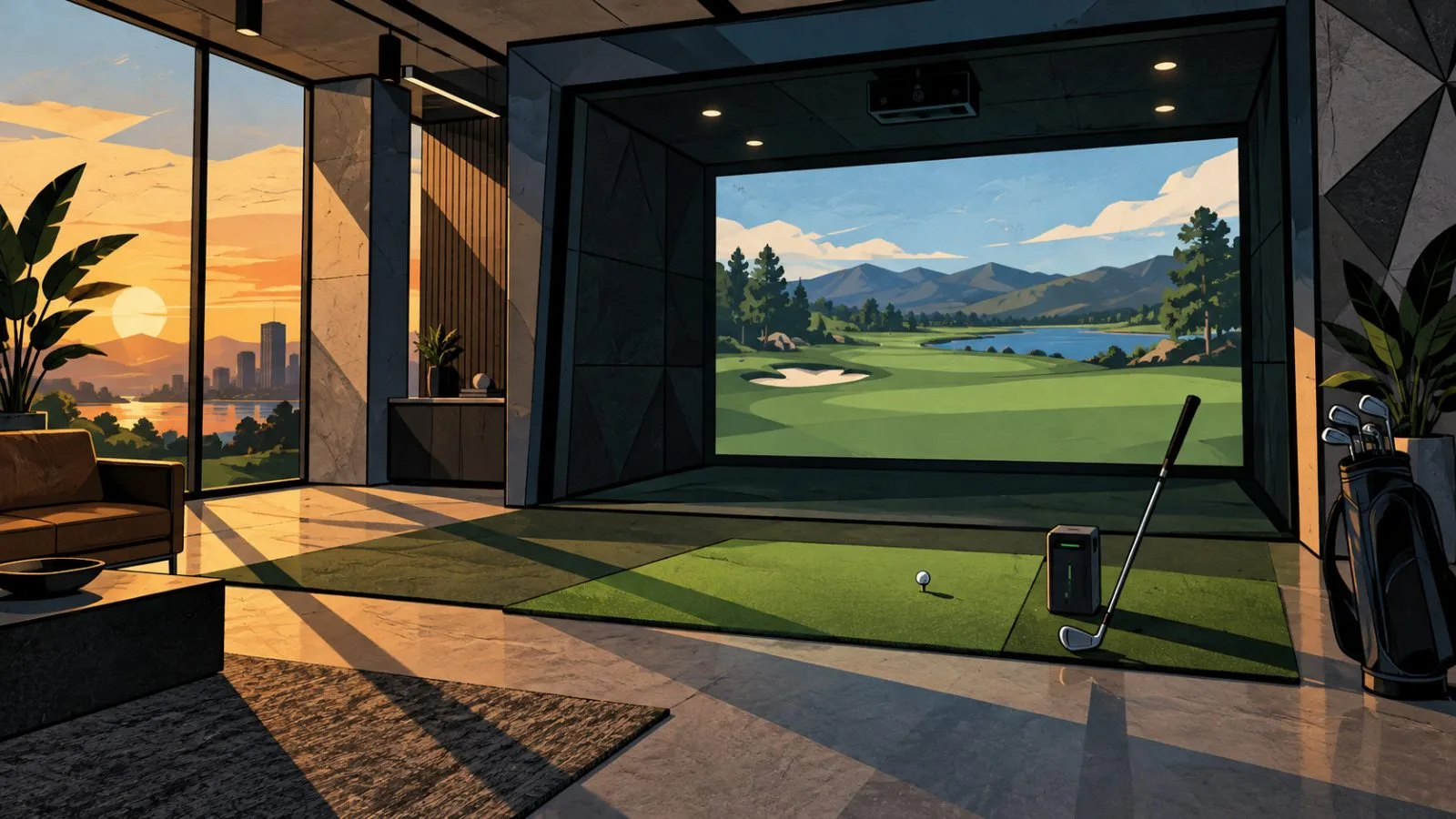 Golf club resting beside a simulator screen in an empty showroom / TokenPost.ai