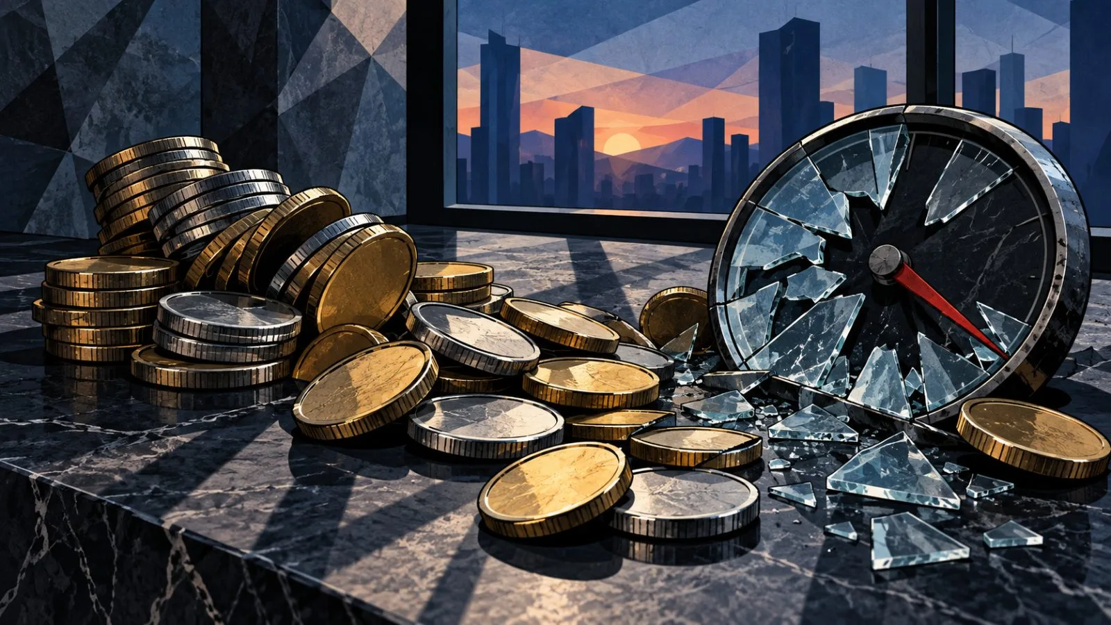 Tipped metallic coin stacks beside a shattered glass gauge / TokenPost.ai
