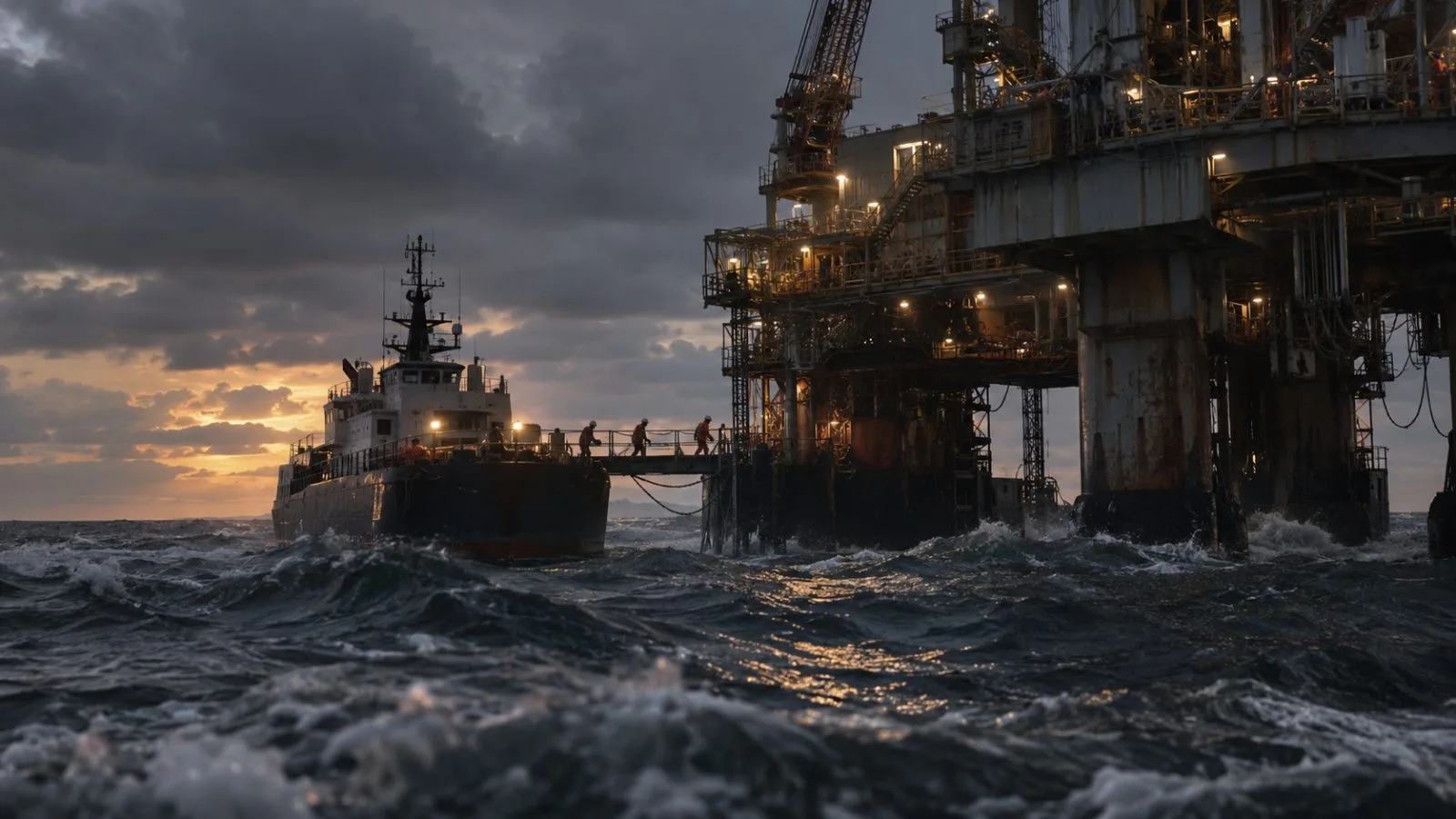 Offshore workers board a vessel beneath darkening storm clouds / TokenPost.ai