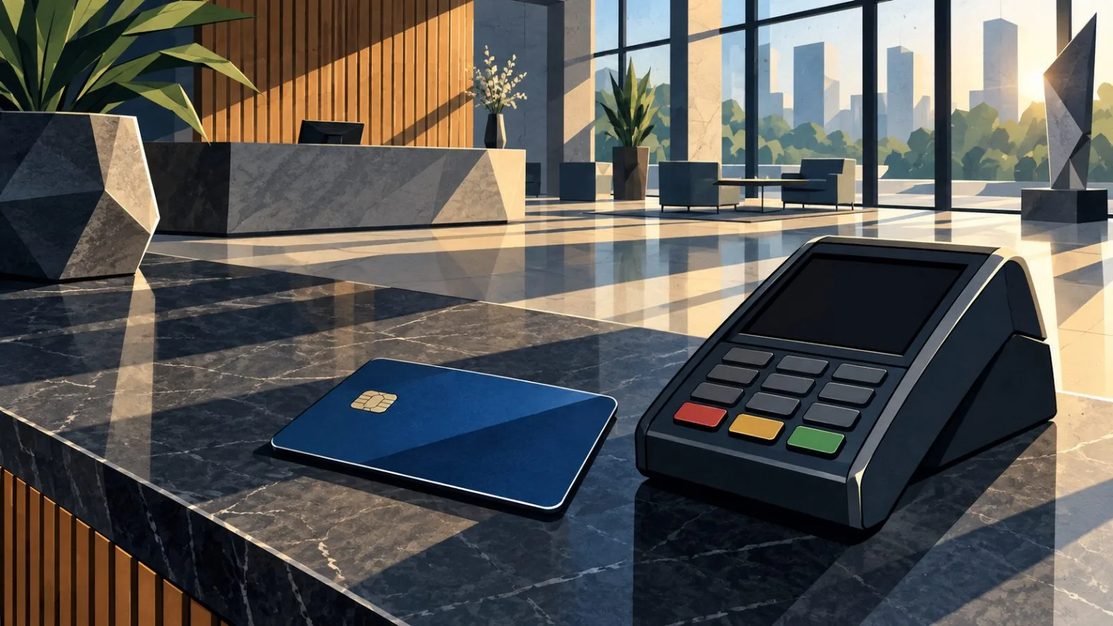 Payment card beside a powered-down terminal on a reception counter / TokenPost.ai