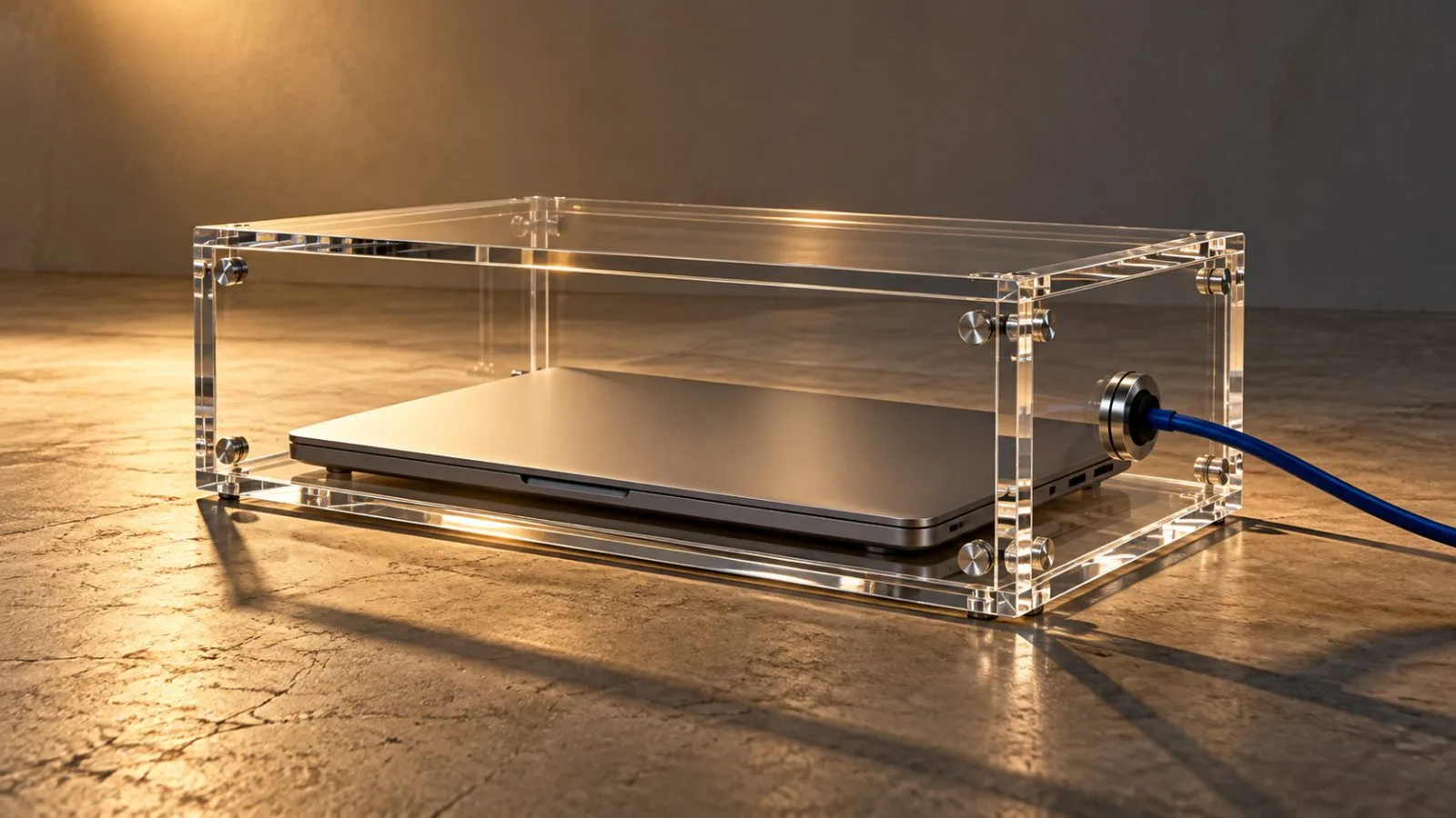 A laptop sits sealed inside a clear acrylic enclosure / TokenPost.ai