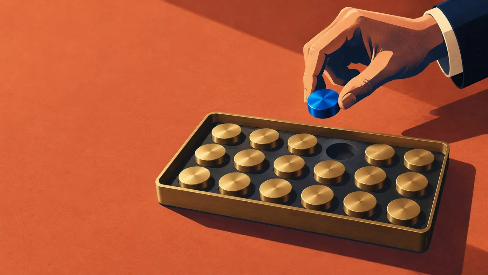 A hand lifts one brass marker from a tray of identical pieces / TokenPost.ai