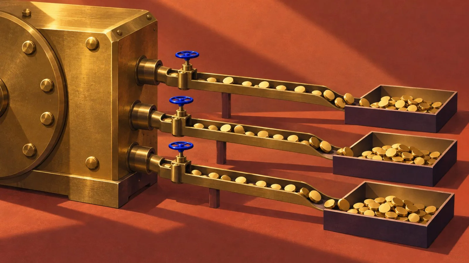 A brass reserve box feeds three gated channels and project trays / TokenPost.ai